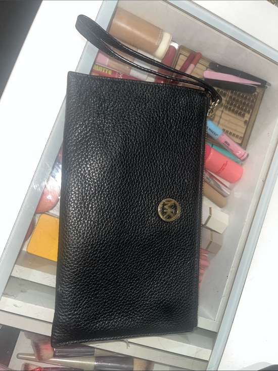 Michael Kors Other - Michael Kors Black Pebbled Leather Wristlet with Gold Emblem